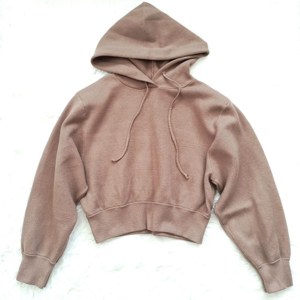 ZARA WOMEN'S LIGHT BROWN LONG SLEEVE DRAWSTRING CROPPED HOODIE SWEATER SIZE M